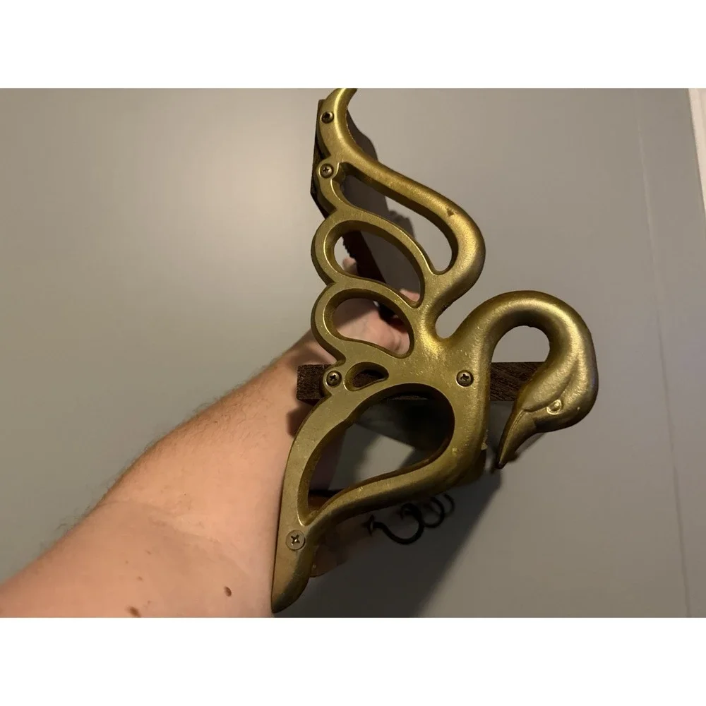 Antique MCM Brass Wood Swan Wall Mount Shelf Coat Rack 3 Hook Rare Style 21